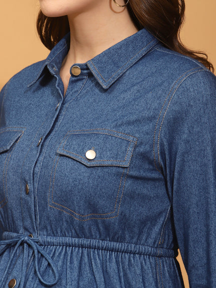 Full Sleeves Denim Maternity Shirt Dress - Blue Full Sleeves Denim Maternity Shirt Dress - Blue