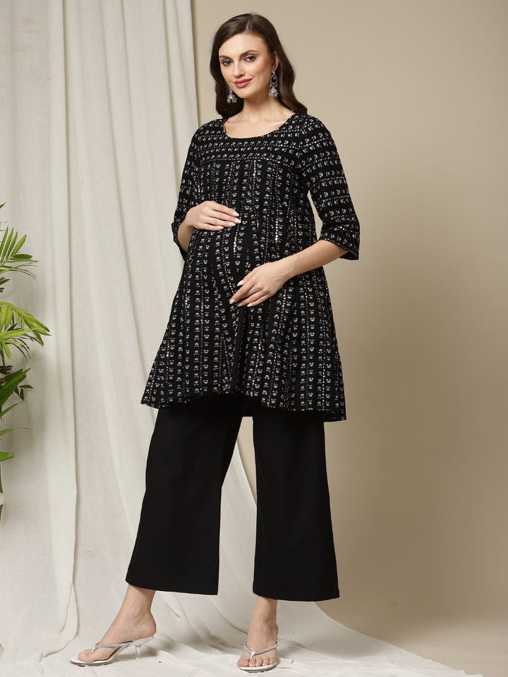 Feeding Black Embroidered Kurti