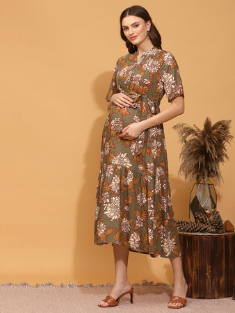 brown mini strapless dress Get A Brown Floral Maternity Dress For Women'S At Aaruvi Ruchi Verma –  Aaruvi Ruchi Verma main image 1