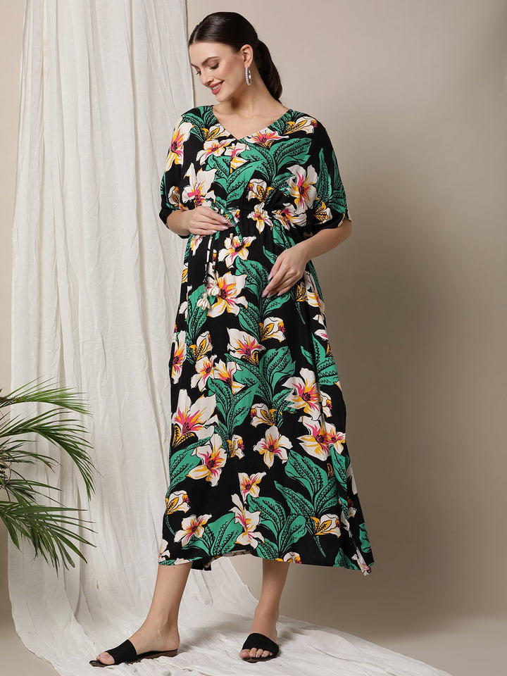 Floral Printed Maternity Kaftan in black colour - side