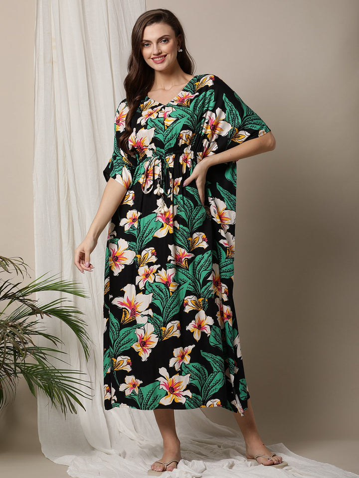 Floral Printed feeding Kaftan in black colour - front