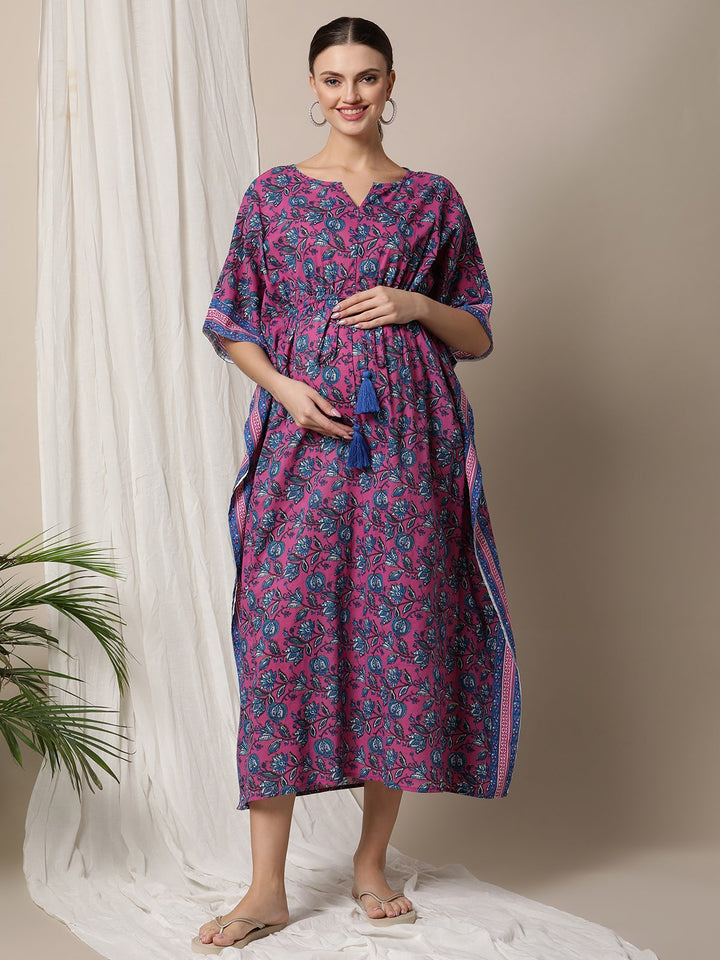 Pure cotton printed Maternity kaftan in purple color- Front
