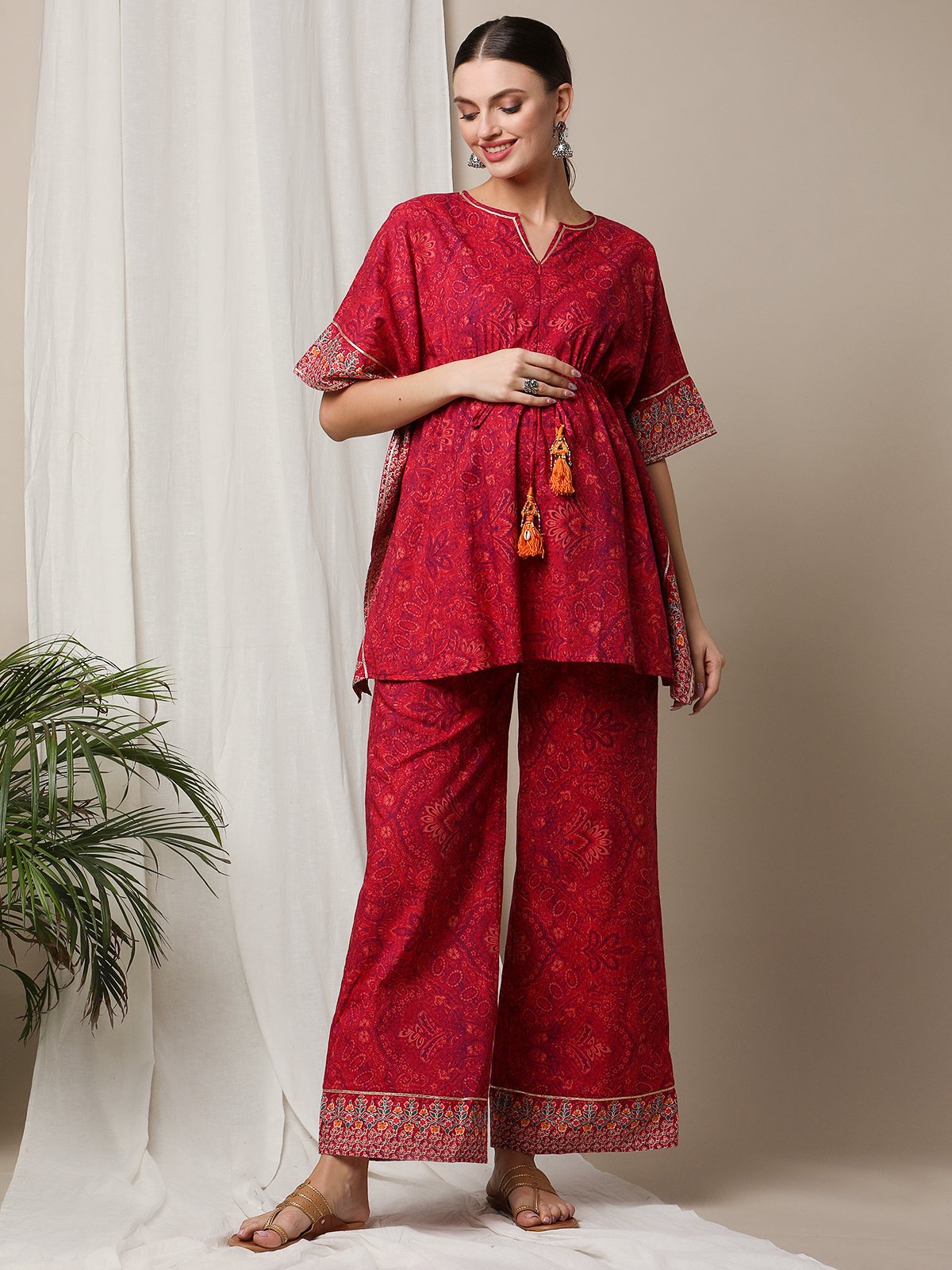 Carmine Red Printed Tunic with Palazzo Pant