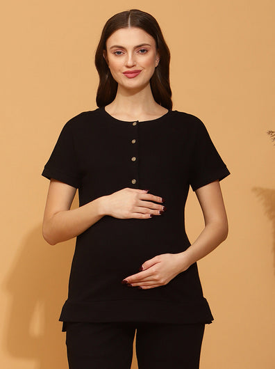 Maternity Ribbed-Knit T-shirt- Black