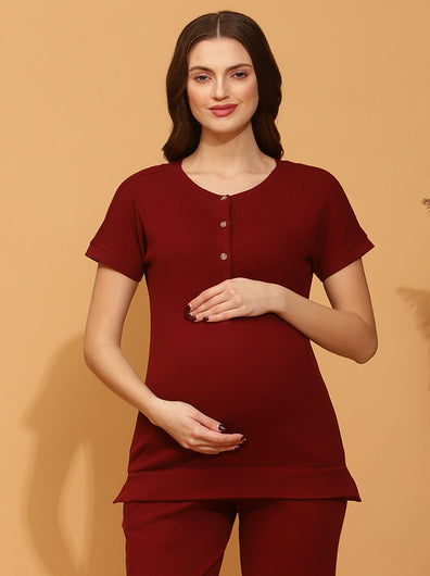 Maternity Ribbed-Knit T-shirt- Burgundy
