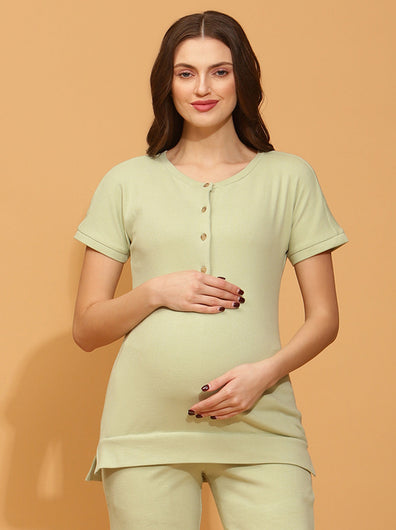 Maternity Ribbed-Knit T-shirt- Green