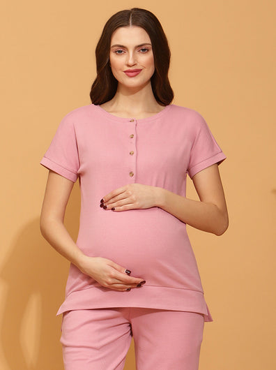 Maternity Ribbed-Knit T-shirt- Pink