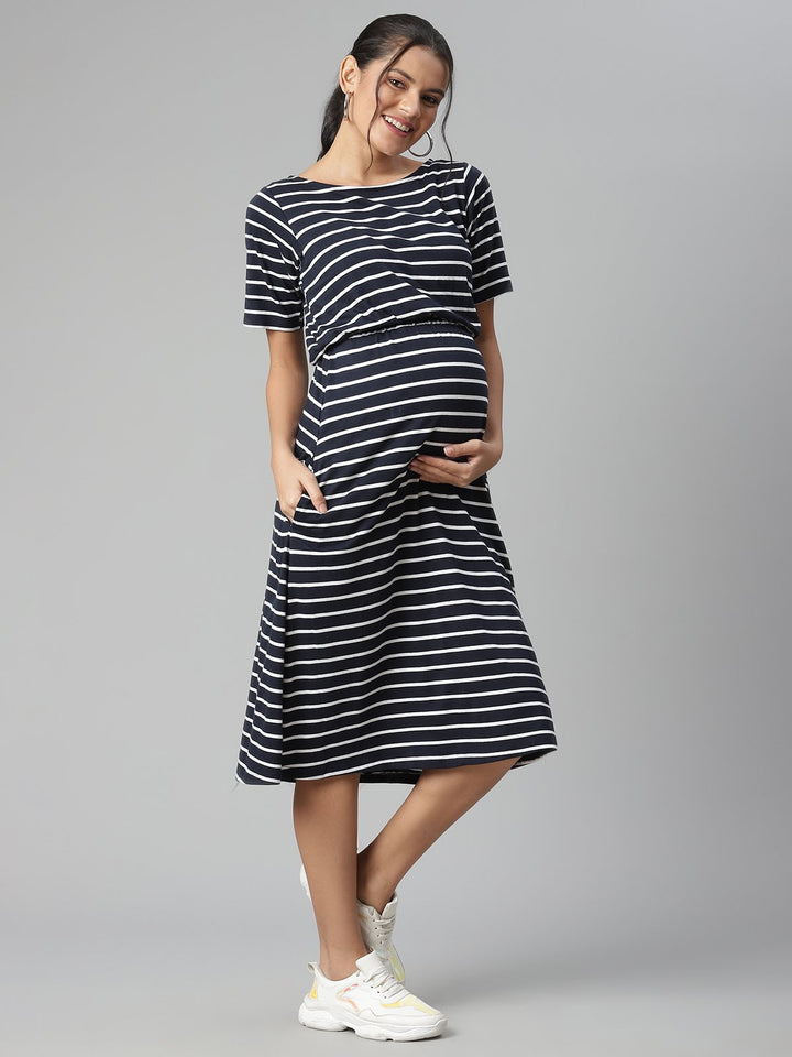 Casual Knee Length White Striped Maternity Dress Casual Knee Length White Striped Maternity Dress