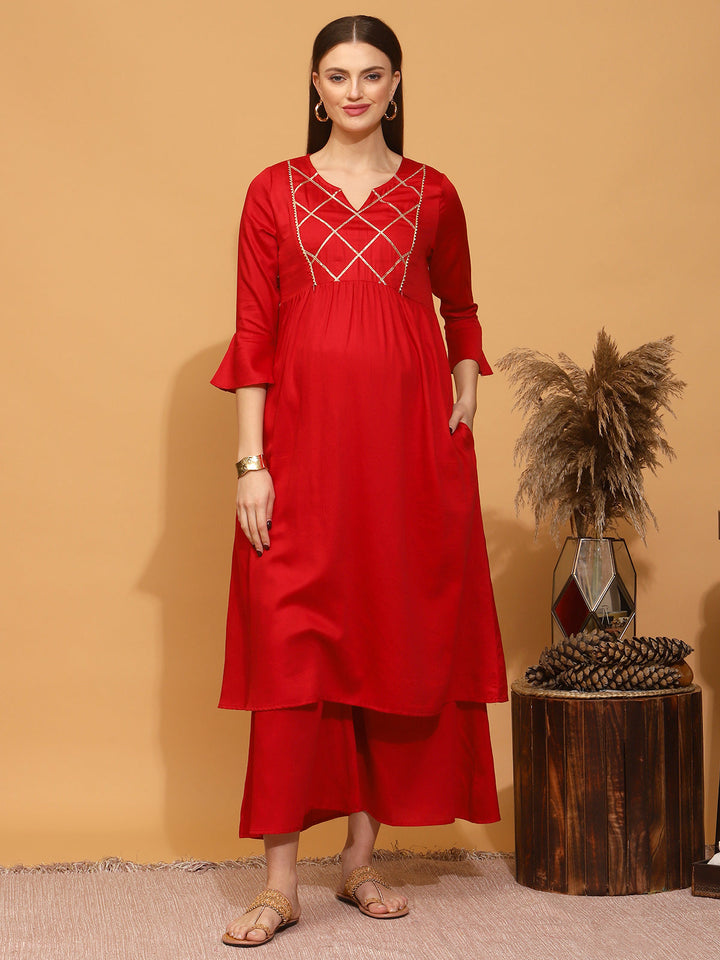 2pc. Maternity Red Kurti + Palazzo Set