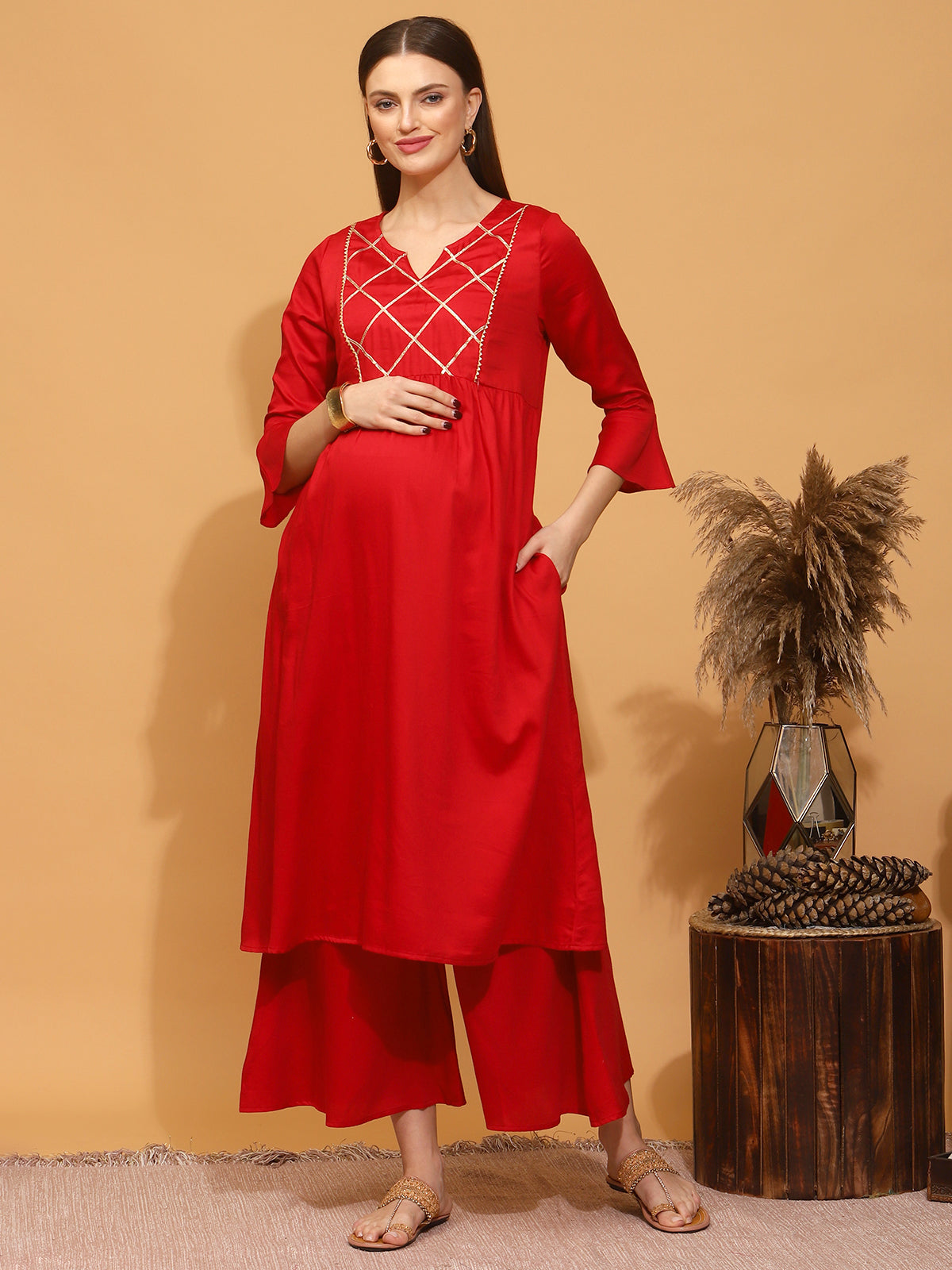 Red Rayon Cotton Chikankari Kurta With Palazzo - PinkSaree