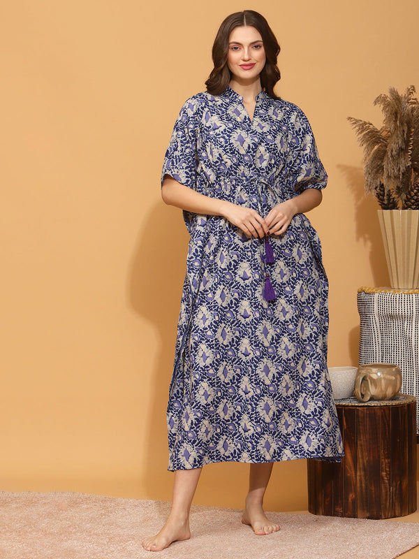 Printed cotton maternity kaftan with tassel- front