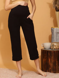 Pregnancy Rib-Knit Lounge Capri- Black