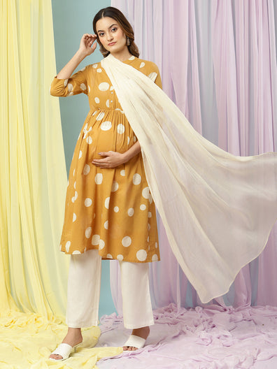 3pc. Maternity Polka Kurti + Plazo + Dupatta Set