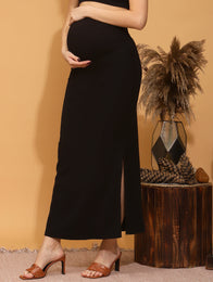 Maternity Maxi skirt- Black skirt with slit, knitted fabric