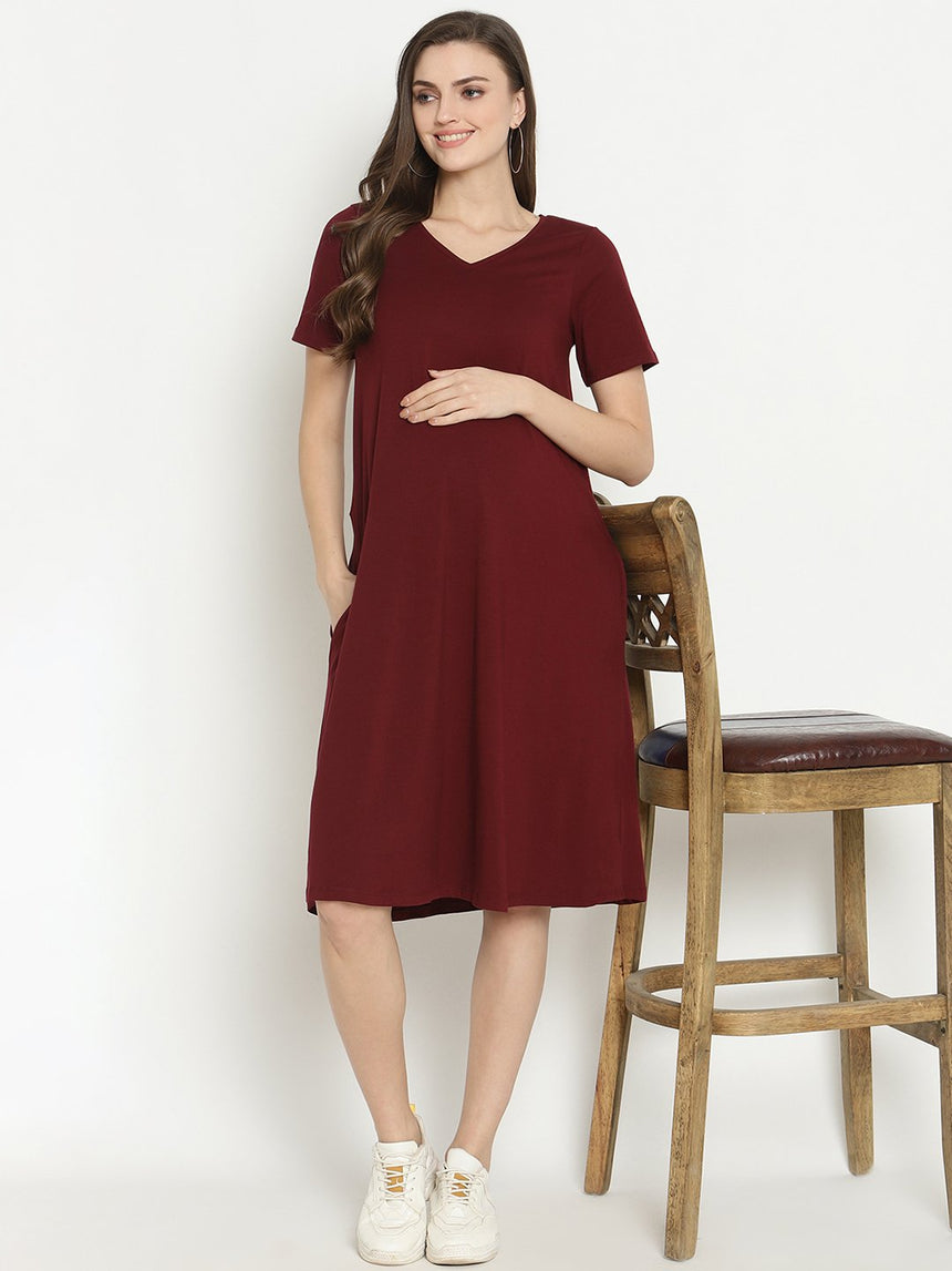 Maternity Lounge T-shirt Dress- Wine Berry