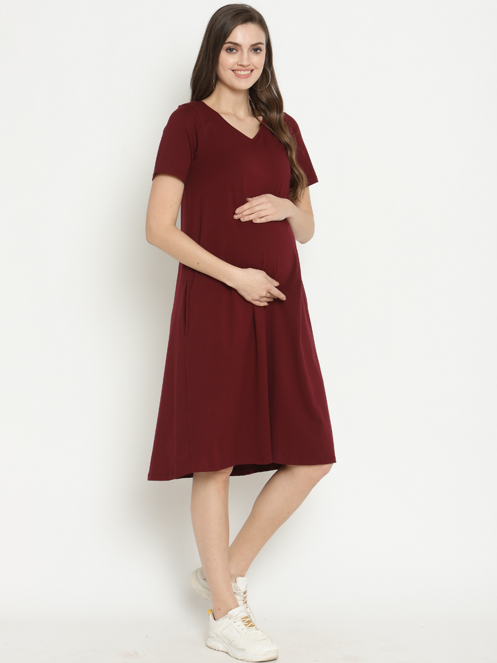 Maternity Lounge T-shirt Dress- Maroon