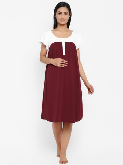 Button Front Maroon Maternity & Nursing Gown