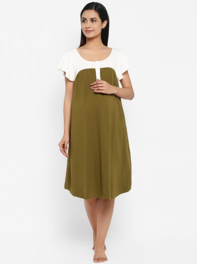 Button Front Green Maternity & Nursing Gown