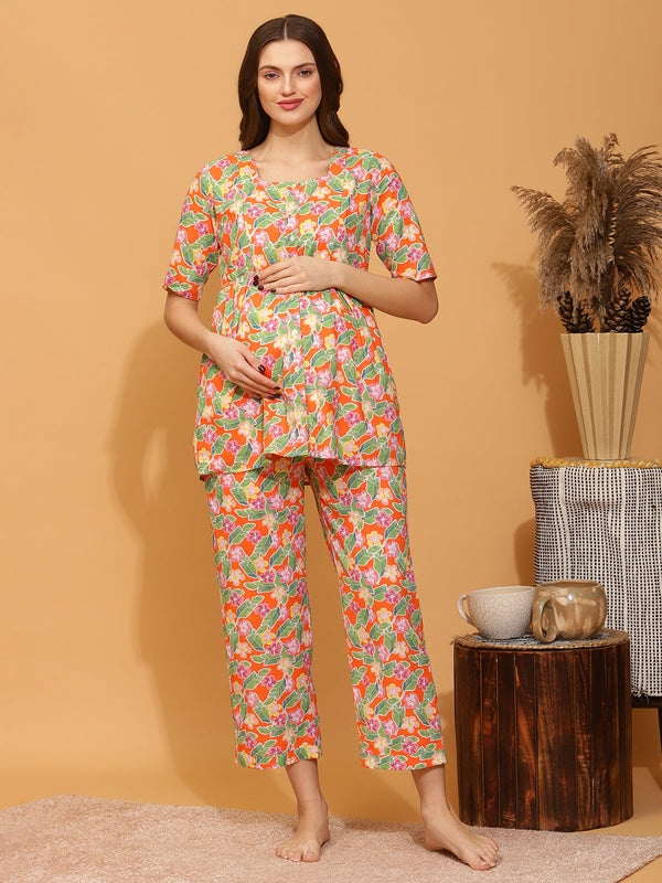 100% Cotton Maternity Pajama Set - Tropical Print