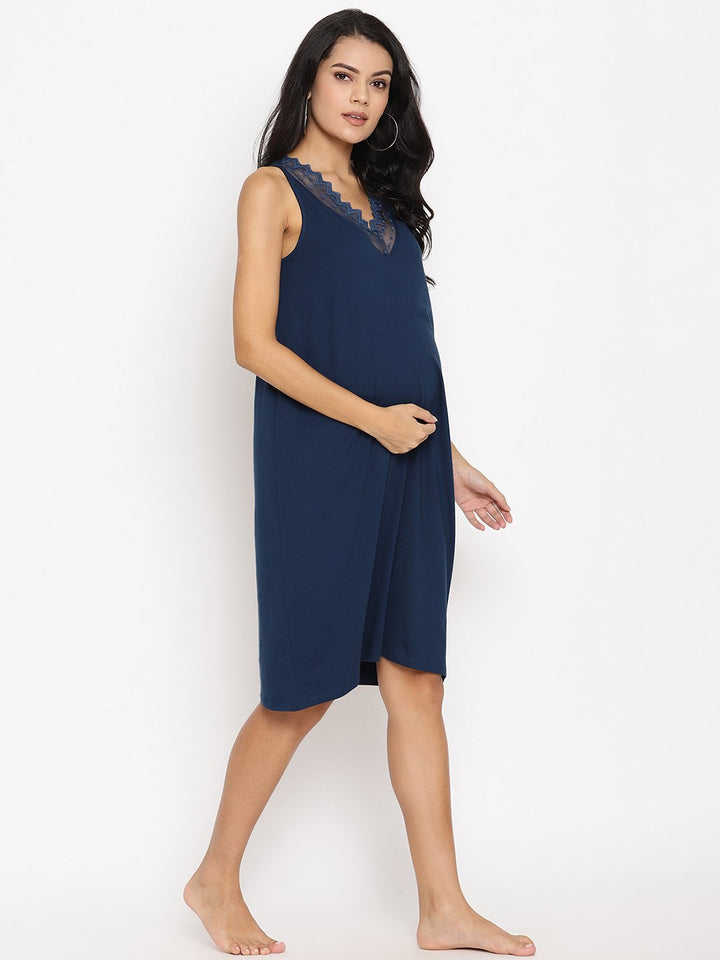 Cotton Knit Maternity Nightie with Lace Detail - Blue