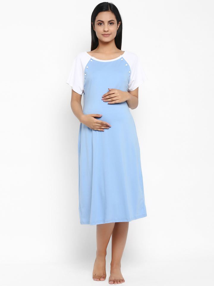 Blue Maternity & Nursing Gown with Buttons