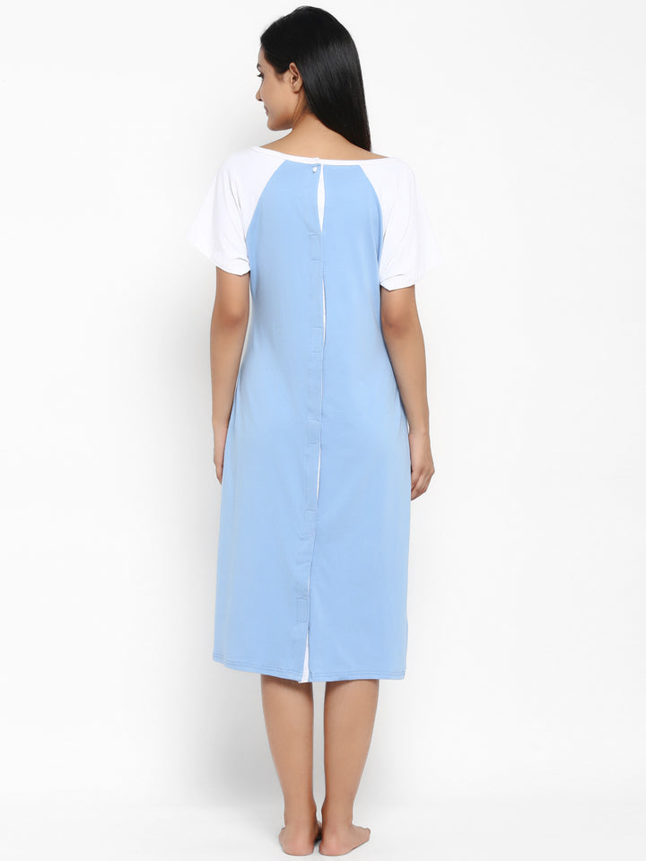 Blue Maternity & Nursing Gown with Buttons