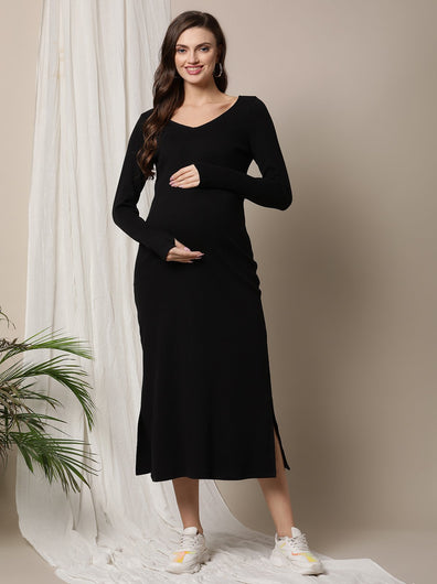 Maternity Ribbed Bodycon Maxi Dress- Black
