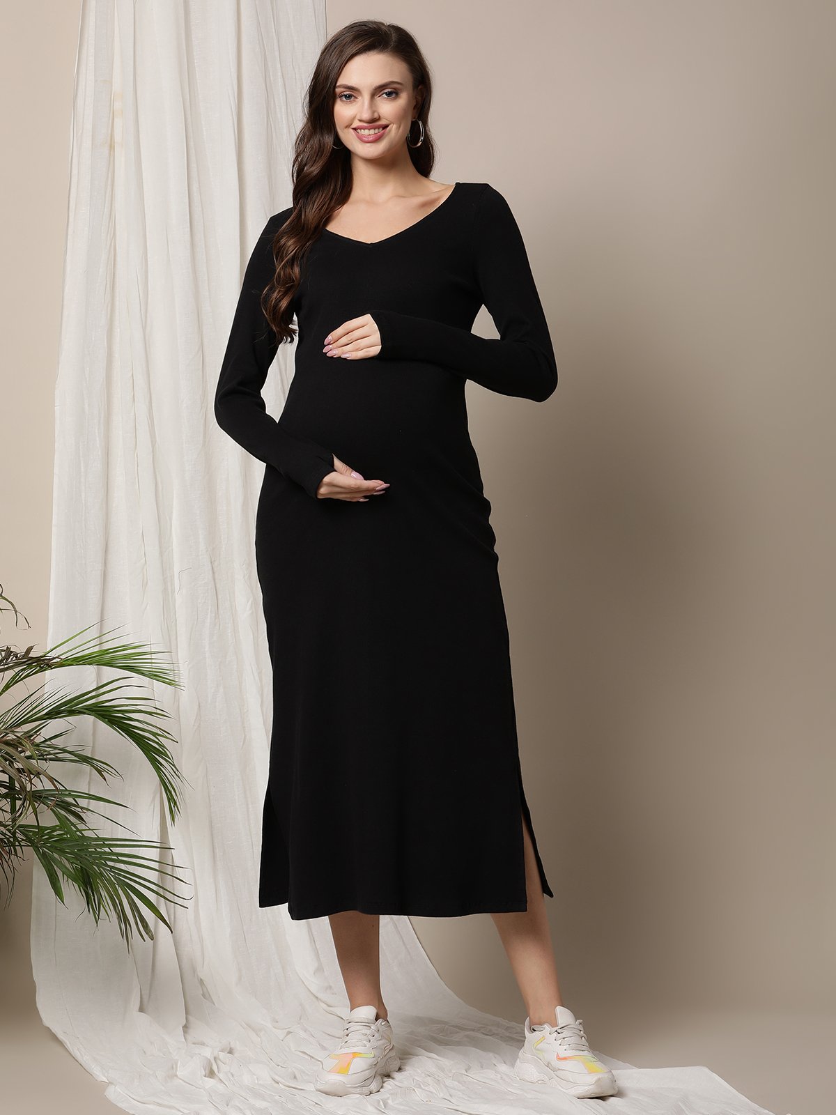 Ribbed Knit Maternity Full Sleeve Maxi Dress – Black