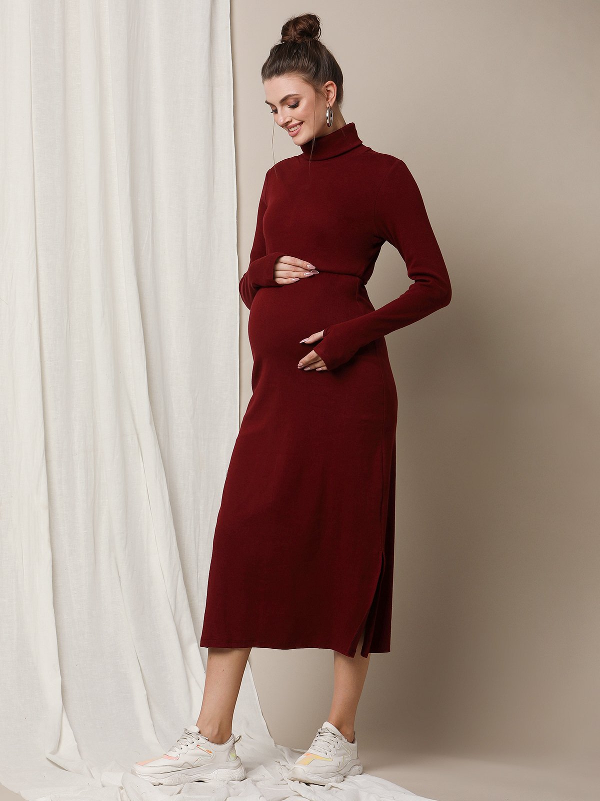 Mia Maternity & Nursing Zipper Drawstring Dress in Burgundy