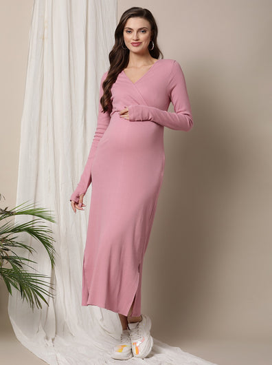 Zipless Maternity Bodycon Dress- Pink