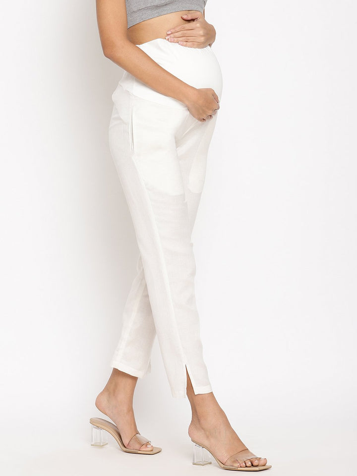 Cotton Linen Maternity Pants- White