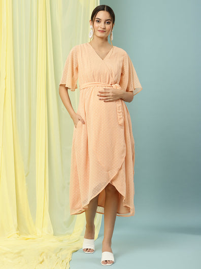 Maternity Asymmetrical High Low Dress- Peach
