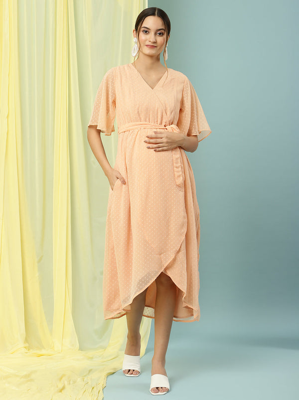 Maternity Asymmetrical High Low Dress- Peach
