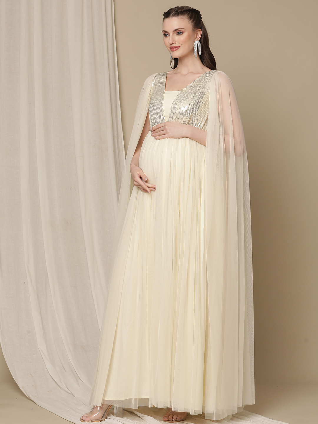 Sequin Cape Sleeve Maternity Party Dress- Cream Sequin Cape Sleeve Maternity Party Dress- Cream