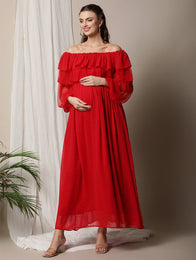 Maternity Ruffled Red Maxi Dress