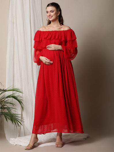 Maternity Ruffled Red Maxi Dress
