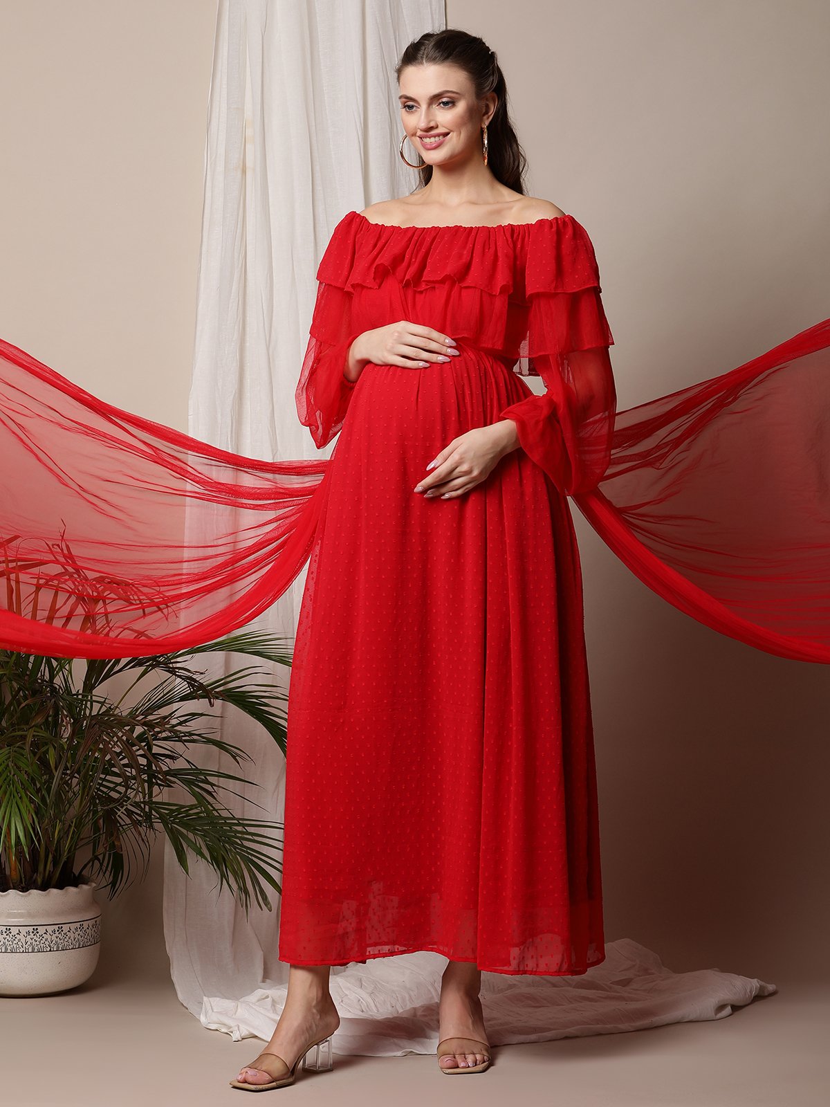 red baby shower dress Maternity Fall Floral Midi Bodycon Dresses, Long Puff Sleeve Square Neck Ruffle Hem Mermaid S at Amazon Women's Clothing store oblique shoulder Red Baby Shower Dress -