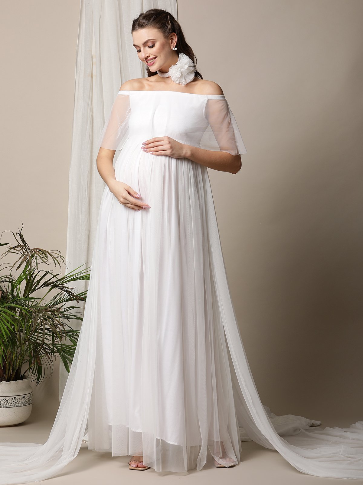 Off-Shoulder Maternity Photoshoot Gown - White Off-Shoulder Maternity Photoshoot Gown - White