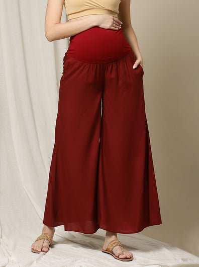Maternity Flared Palazzo Pants- Wine
