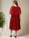 Back view highlighting high-low hemline of Wobbly Walk Red Cape Maternity Dress