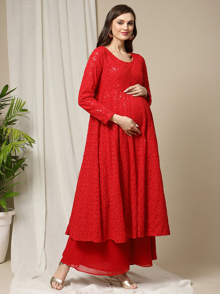 Maternity Red Embroidered Designer Kurta