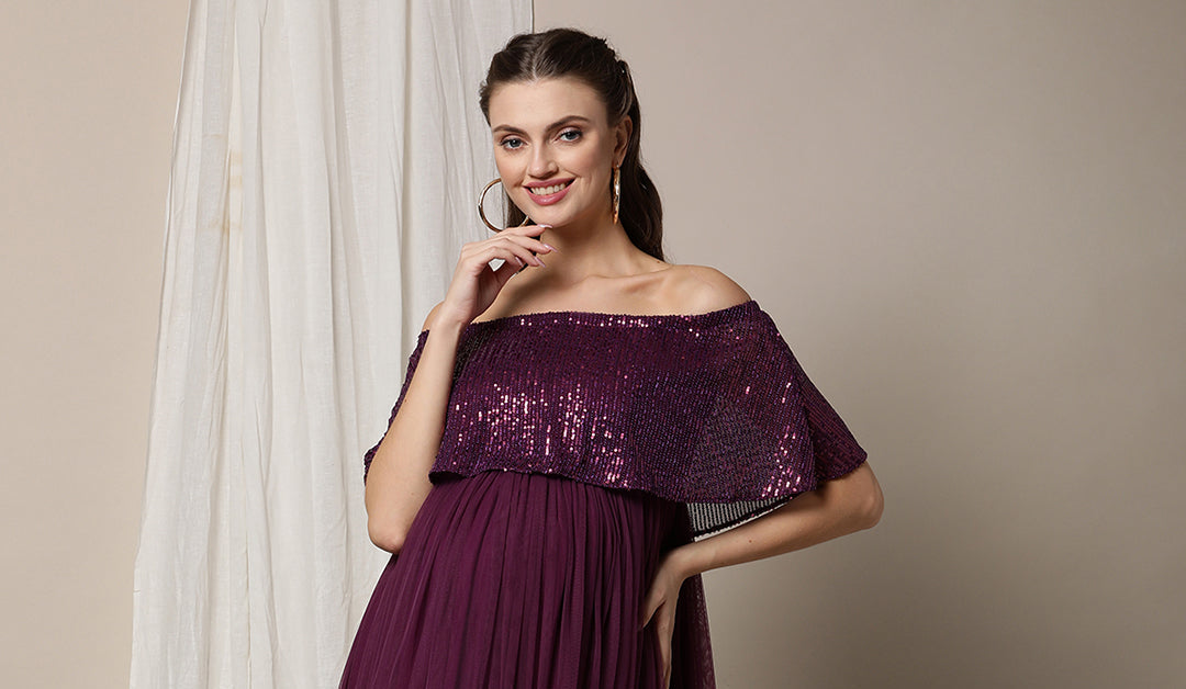 sequin maternity dress Off Shoulder Ruffle Top Maternity Maxi Dress