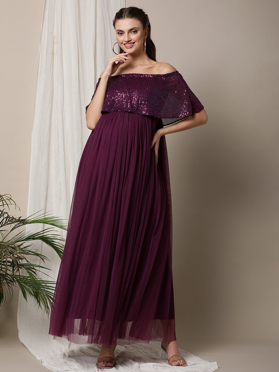 Off Shoulder Ruffle Top Maternity Maxi Dress - Maroon Off Shoulder Ruffle Top Maternity Maxi Dress - Maroon
