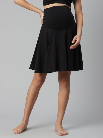 Maternity Knee-length Flared Skorts with Adjustable Drawstring - Black
