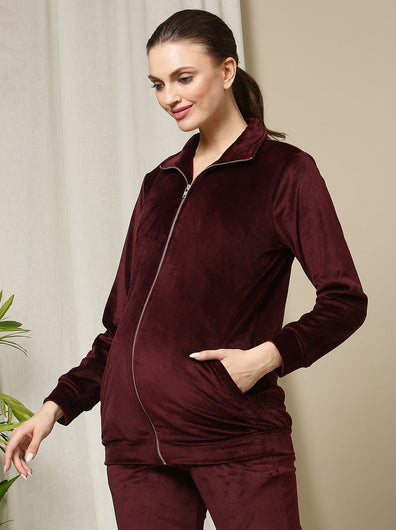 Maternity Winter Velvet Jacket- Burgundy