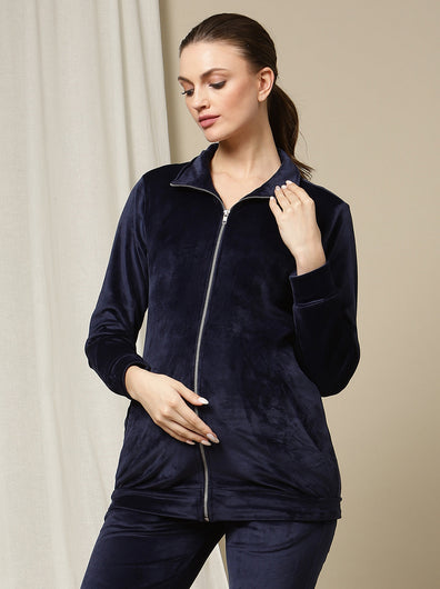 Maternity Winter Velvet Jacket- Navy Blue