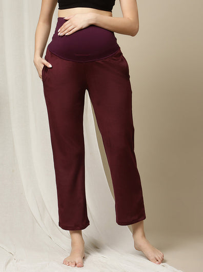 Maternity Wide-leg Winter Pants- Burgundy