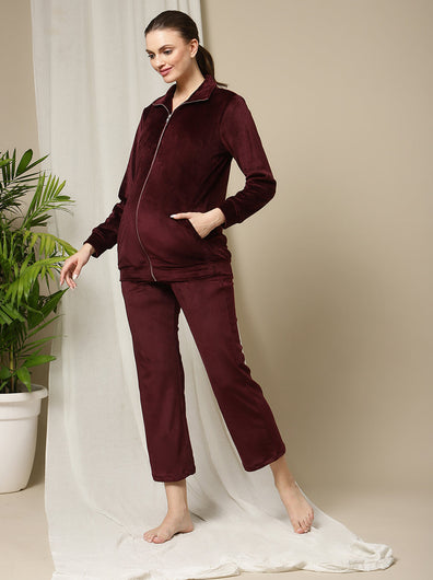 Winter Maternity Set with Jacket and Pyjama- Burgundy