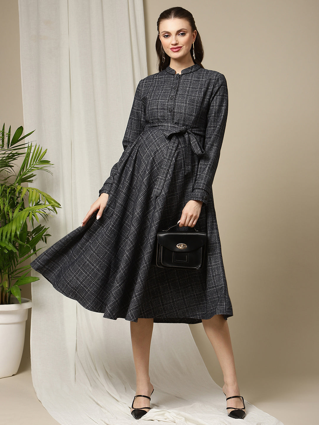 Maternity Winter Woolen Dress Black/Grey XS - Main Image