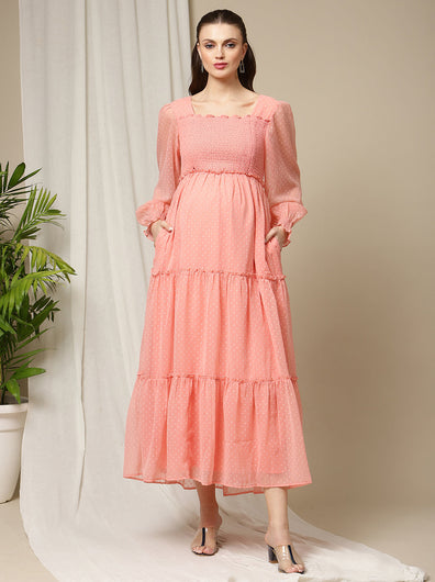 Maternity Smocked Long Maxi Dress- Pink